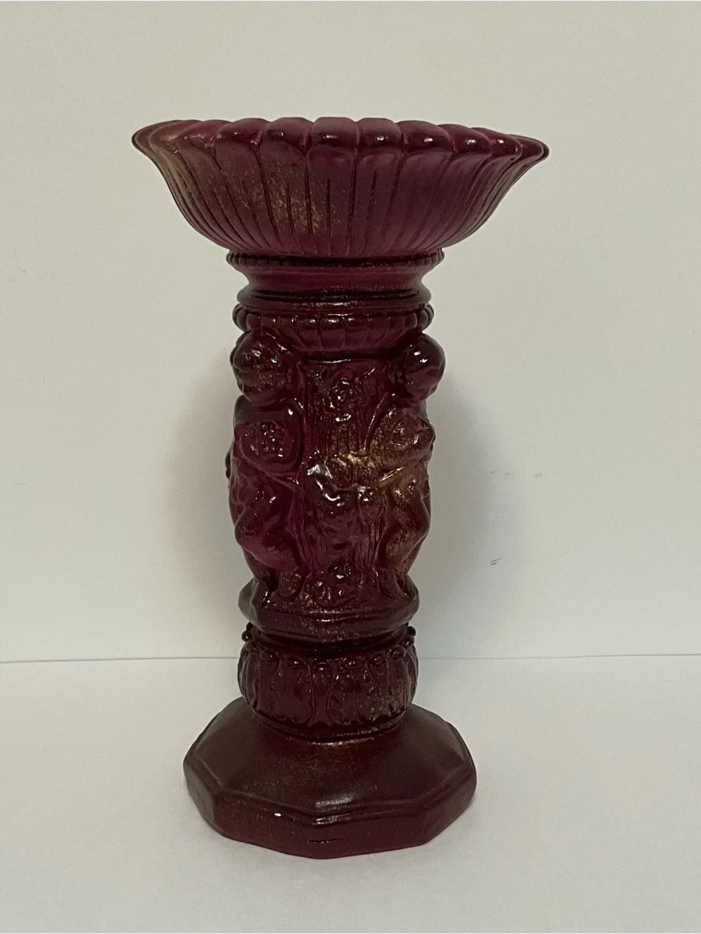 Vintage Ruby Ceramic Pedestal with Cherub Detail – 11” Tall